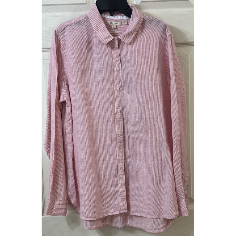 Barbour Linen Marine Wmns Pink Stripe Button Up Long Slv Collar Sz 10 Shirt EUC